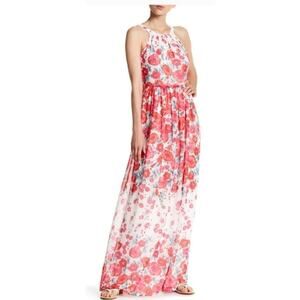 ELIZA J Pink & Red Floral Print Halter Bow Tie Back Chiffon Maxi Dress | 8 = M
